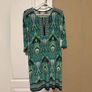 dressbarn Women’s Green Teal floral and Black Long Sleeve Dress Size 12